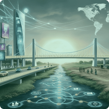 Illustration of a bridge connecting communities through digital infrastructure
