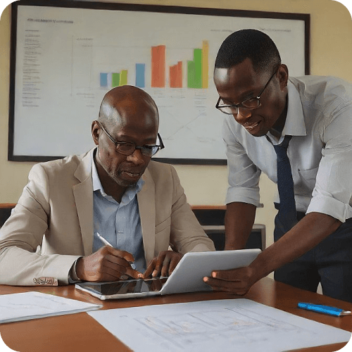 Two colleagues reviewing information on a laptop